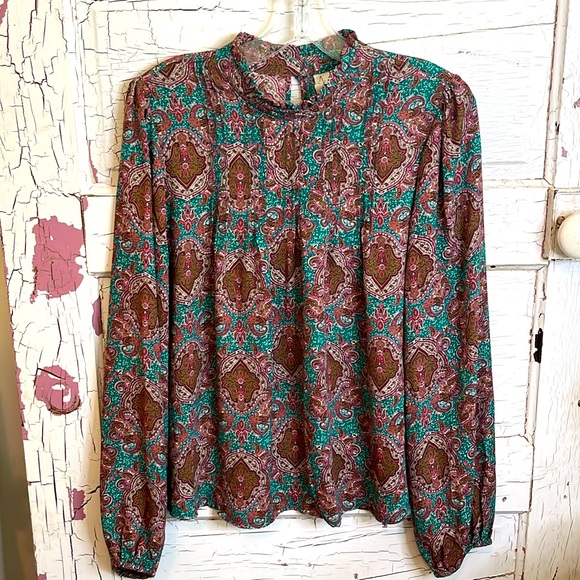 Joie Tops - JOIE Ruffle Mock Turtle Neck Teal Brown Paisley Design Elastic Sleeves Med